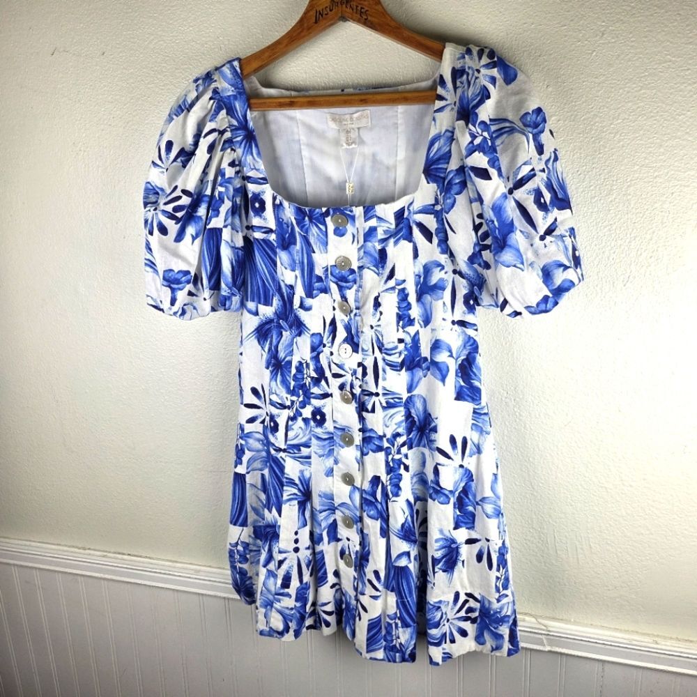 Caroline Constas NWT Linen Blend Floral Blue and White Mini Dress Size 02/XS - Picture 11 of 13